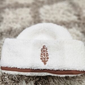 Free People Cream Sherpa Beanie with Brown Embroidery